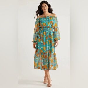 SOFIA VERGARA Turquoise Blue Flower Women's Medium M Midi Dress Off Shoulder